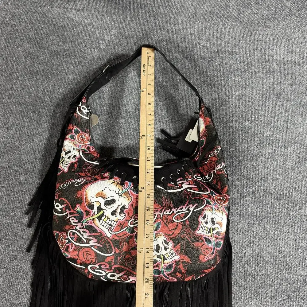 Ed Hardy Hobo Bag Womens Medium Black Red Skull Fringe Tattoo Rock Shoulder